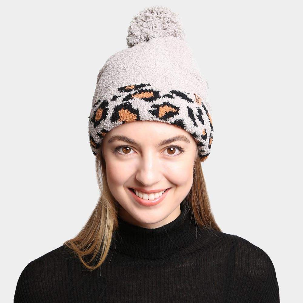 Solid Color Linked Leopard Accented Pom-Pom Beanie - Madeline Love - Flyclothing LLC