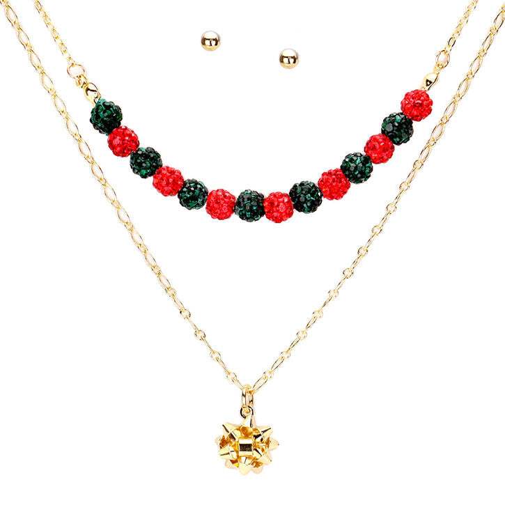 Sparkling Shamballa Ball Christmas Gift Bow Pendant Necklace - Madeline Love - Flyclothing LLC