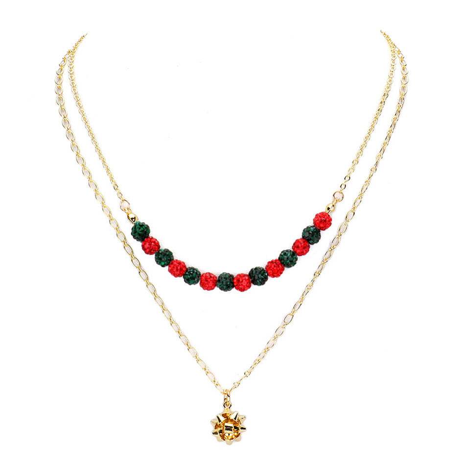 Sparkling Shamballa Ball Christmas Gift Bow Pendant Necklace - Madeline Love - Flyclothing LLC