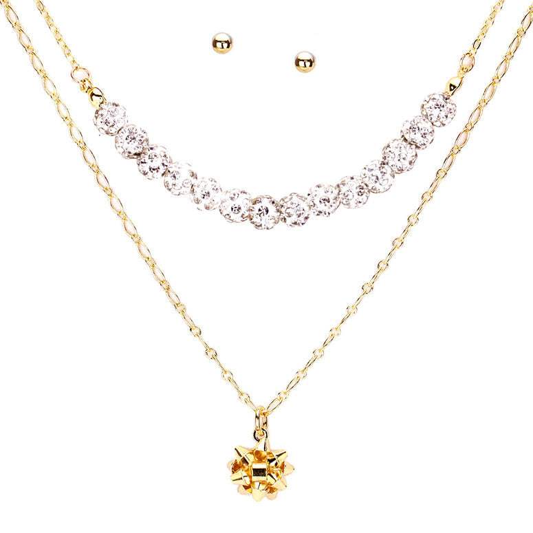 Sparkling Shamballa Ball Christmas Gift Bow Pendant Necklace - Madeline Love - Flyclothing LLC