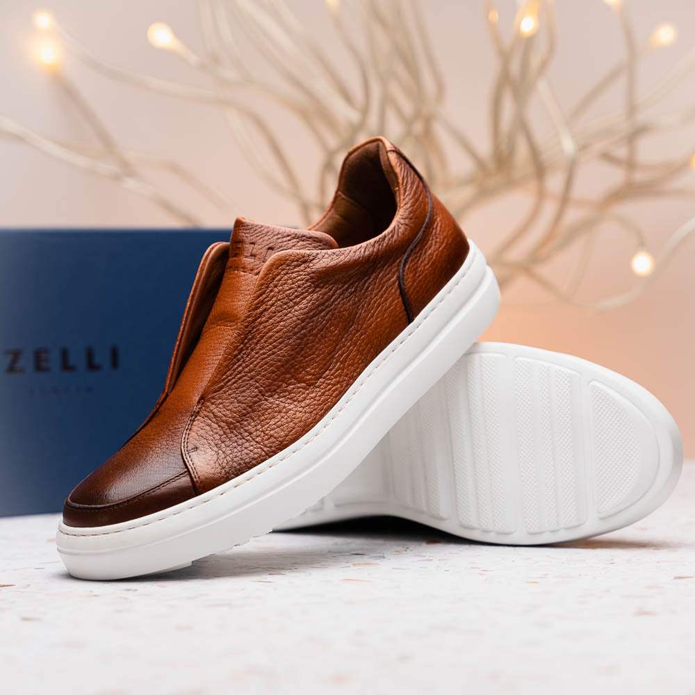 65-225-CGN SPETTACOLARE Italian Pebble Grain Calfskin Sneakers Cognac - Zelli Italia - Flyclothing LLC