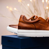 65-225-CGN SPETTACOLARE Italian Pebble Grain Calfskin Sneakers Cognac - Zelli Italia - Flyclothing LLC