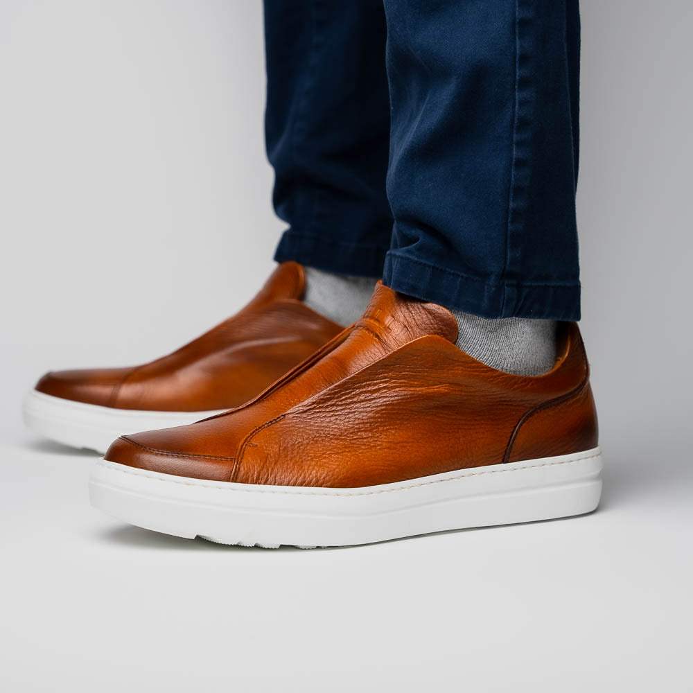 65-225-CGN SPETTACOLARE Italian Pebble Grain Calfskin Sneakers Cognac - Zelli Italia - Flyclothing LLC