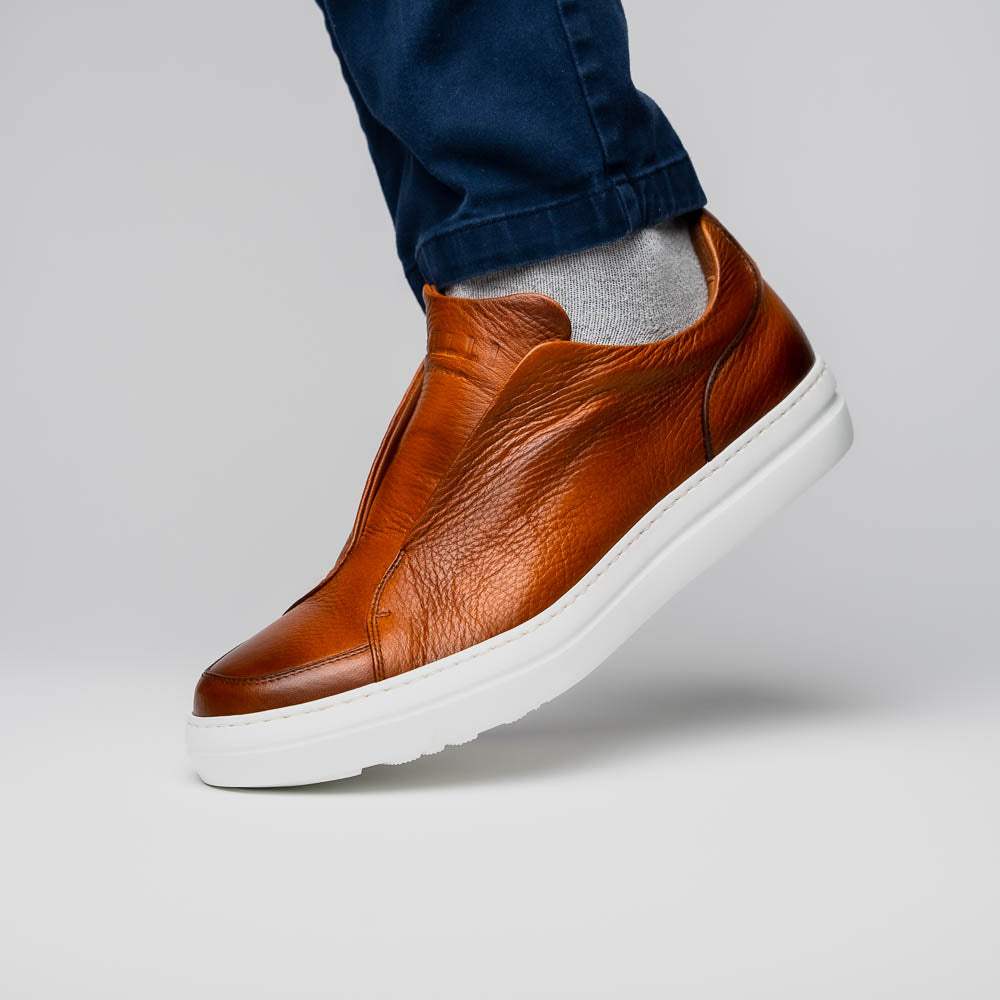 65-225-CGN SPETTACOLARE Italian Pebble Grain Calfskin Sneakers Cognac - Zelli Italia - Flyclothing LLC