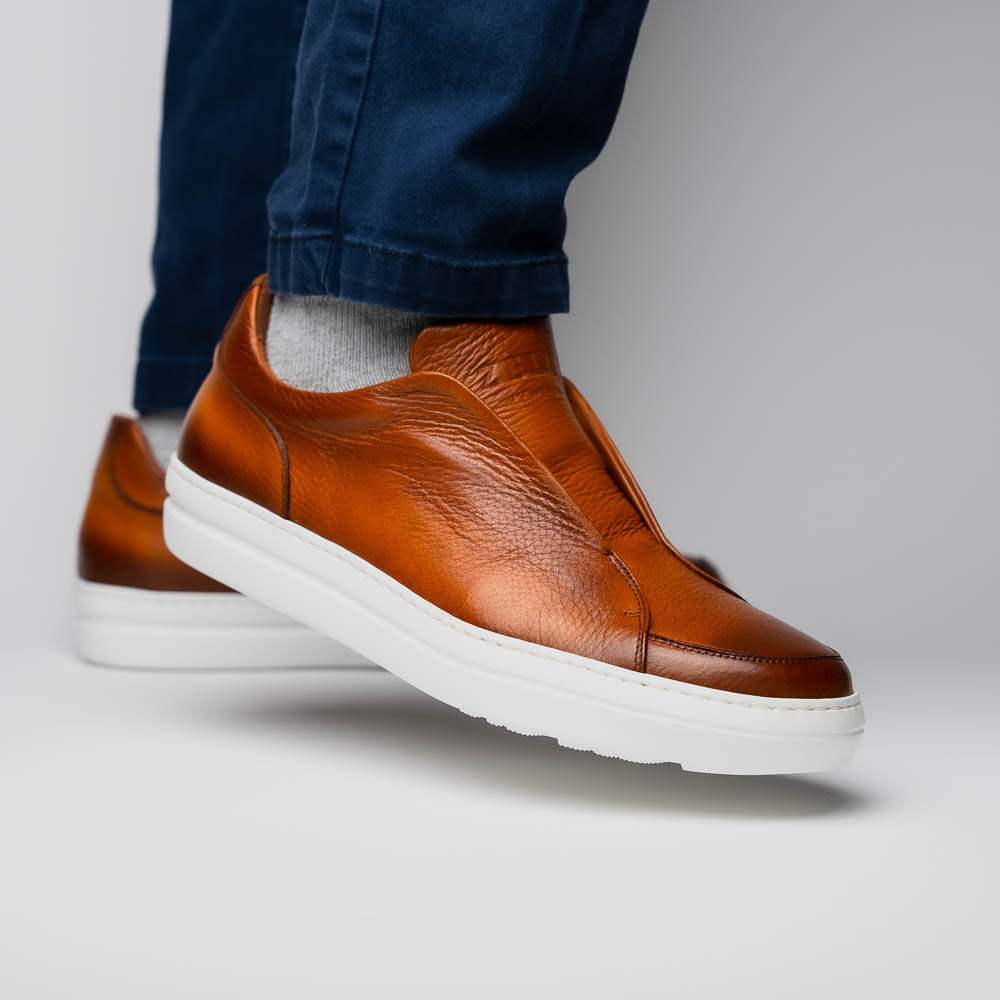 65-225-CGN SPETTACOLARE Italian Pebble Grain Calfskin Sneakers Cognac - Zelli Italia - Flyclothing LLC