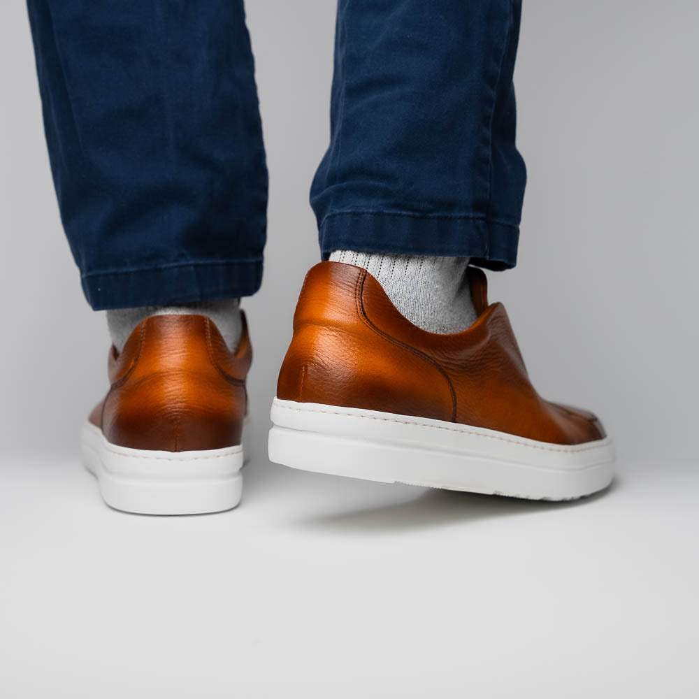 65-225-CGN SPETTACOLARE Italian Pebble Grain Calfskin Sneakers Cognac - Zelli Italia - Flyclothing LLC