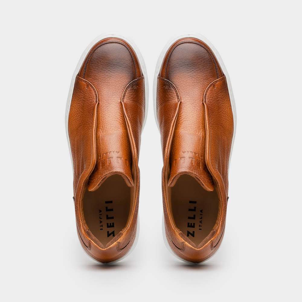 65-225-CGN SPETTACOLARE Italian Pebble Grain Calfskin Sneakers Cognac - Zelli Italia - Flyclothing LLC