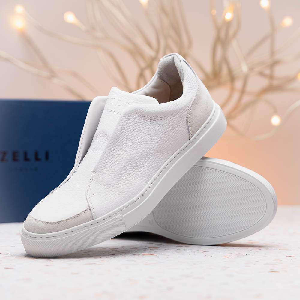 65-225-WHT SPETTACOLARE Italian Pebble Grain Calfskin Sneakers White - Zelli Italia - Flyclothing LLC