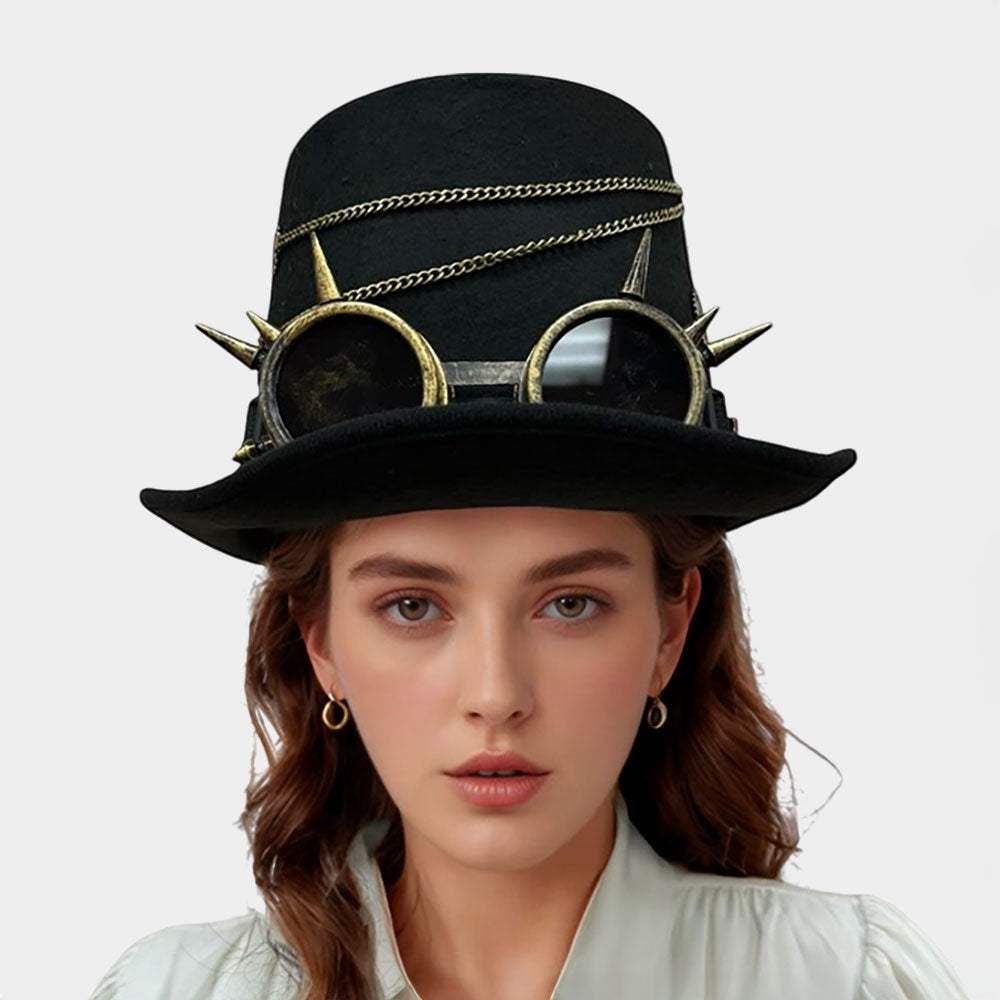 Spiked Vintage Googles Chain Accent Steampunk Halloween Costume Hat - Madeline Love - Flyclothing LLC