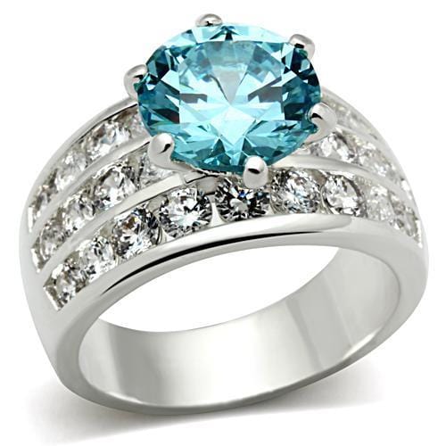 SS010 - Silver 925 Sterling Silver Ring with AAA Grade CZ  in Sea Blue - Alamode