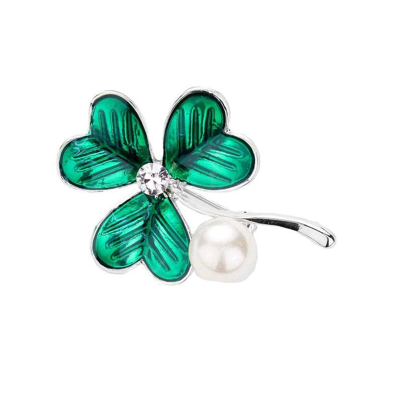 St Patrick's Day Clover Pearl Pin Brooch Green Clover Brooch Pin - Madeline Love - Flyclothing LLC