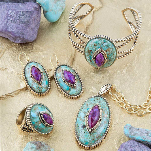 Stacked Stone Blue and Purple Turquoise Golden Pendant Chain Necklace - Barse Jewelry - Flyclothing LLC