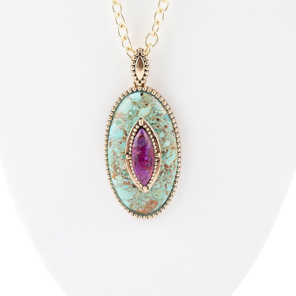 Stacked Stone Blue and Purple Turquoise Golden Pendant Chain Necklace - Barse Jewelry