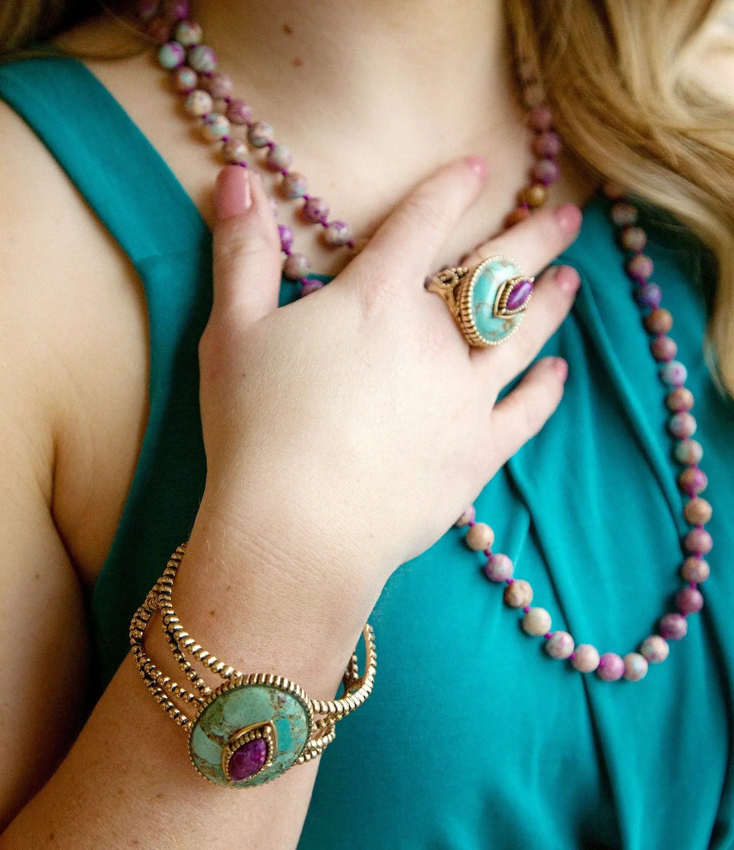 Stacked Stone Blue and Purple Turquoise Golden Ring - Barse Jewelry - Flyclothing LLC