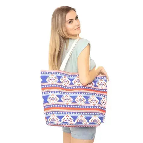 Star Stripe Aztec Print Beach Tote Bag Beach Bag - Madeline Love - Flyclothing LLC