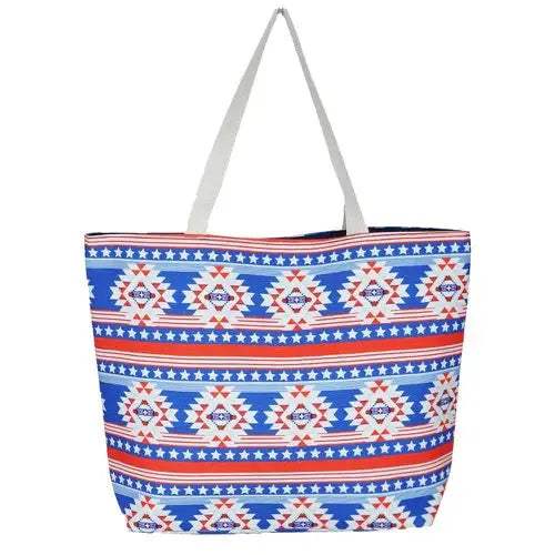 Star Stripe Aztec Print Beach Tote Bag Beach Bag - Madeline Love - Flyclothing LLC