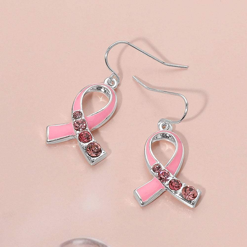 Stone Accent Enamel Pink Ribbon Dangle Earrings - Madeline Love - Flyclothing LLC