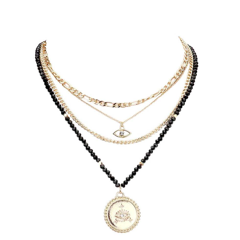 Stone Embellished Evil Eye Pendant Multi Layer Bib Necklace - Madeline Love - Flyclothing LLC