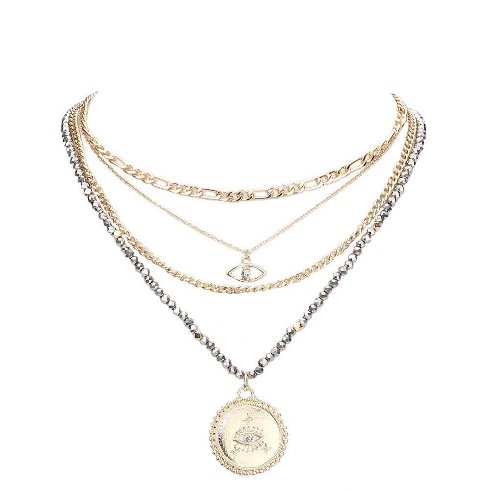 Stone Embellished Evil Eye Pendant Multi Layer Bib Necklace - Madeline Love - Flyclothing LLC