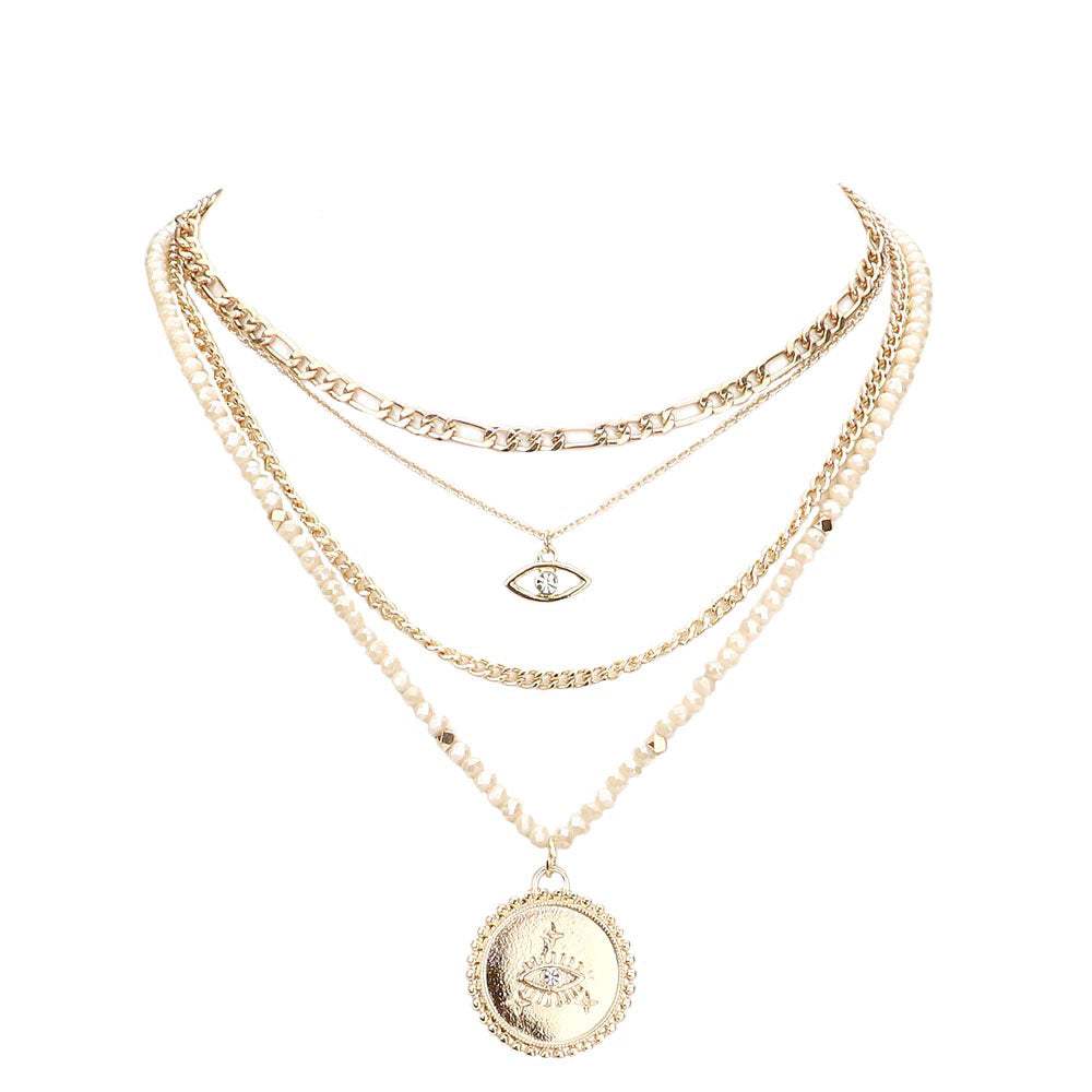 Stone Embellished Evil Eye Pendant Multi Layer Bib Necklace - Madeline Love - Flyclothing LLC