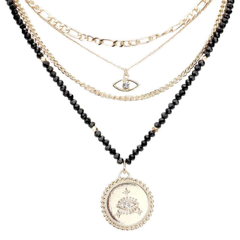 Stone Embellished Evil Eye Pendant Multi Layer Bib Necklace - Madeline Love - Flyclothing LLC