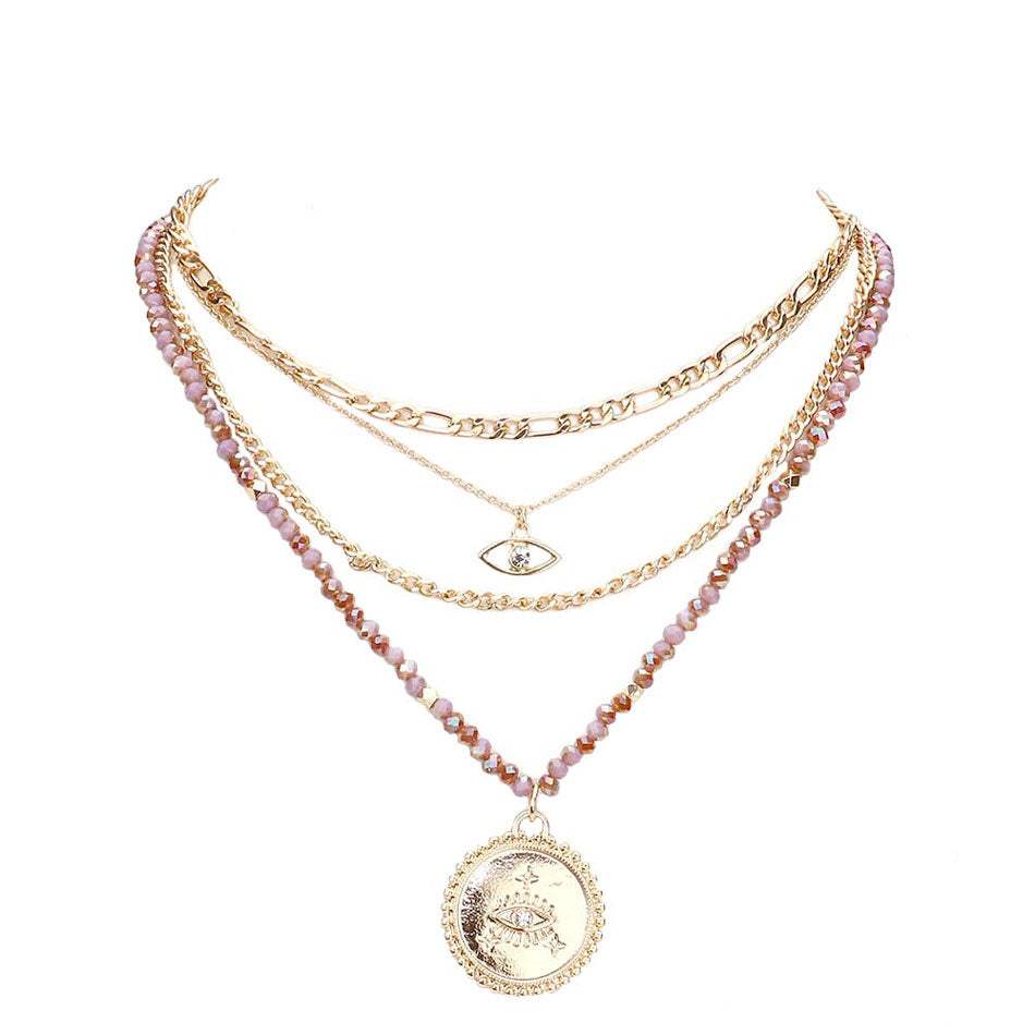 Stone Embellished Evil Eye Pendant Multi Layer Bib Necklace - Madeline Love - Flyclothing LLC