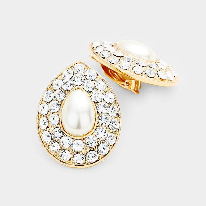 Stone Pave Teardrop Pearl Centered Clip on Earrings - Madeline Love - Flyclothing LLC