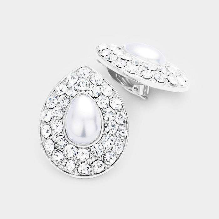 Stone Pave Teardrop Pearl Centered Clip on Earrings - Madeline Love - Flyclothing LLC