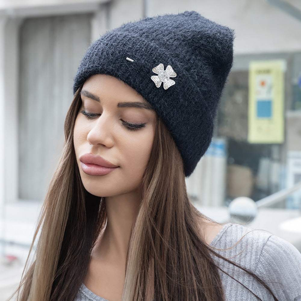 Stone Paved Clover Lapel Pin Brooch Accented Fuzzy Beanie Hat - Madeline Love - Flyclothing LLC