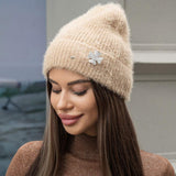 Stone Paved Clover Lapel Pin Brooch Accented Fuzzy Beanie Hat - Madeline Love - Flyclothing LLC