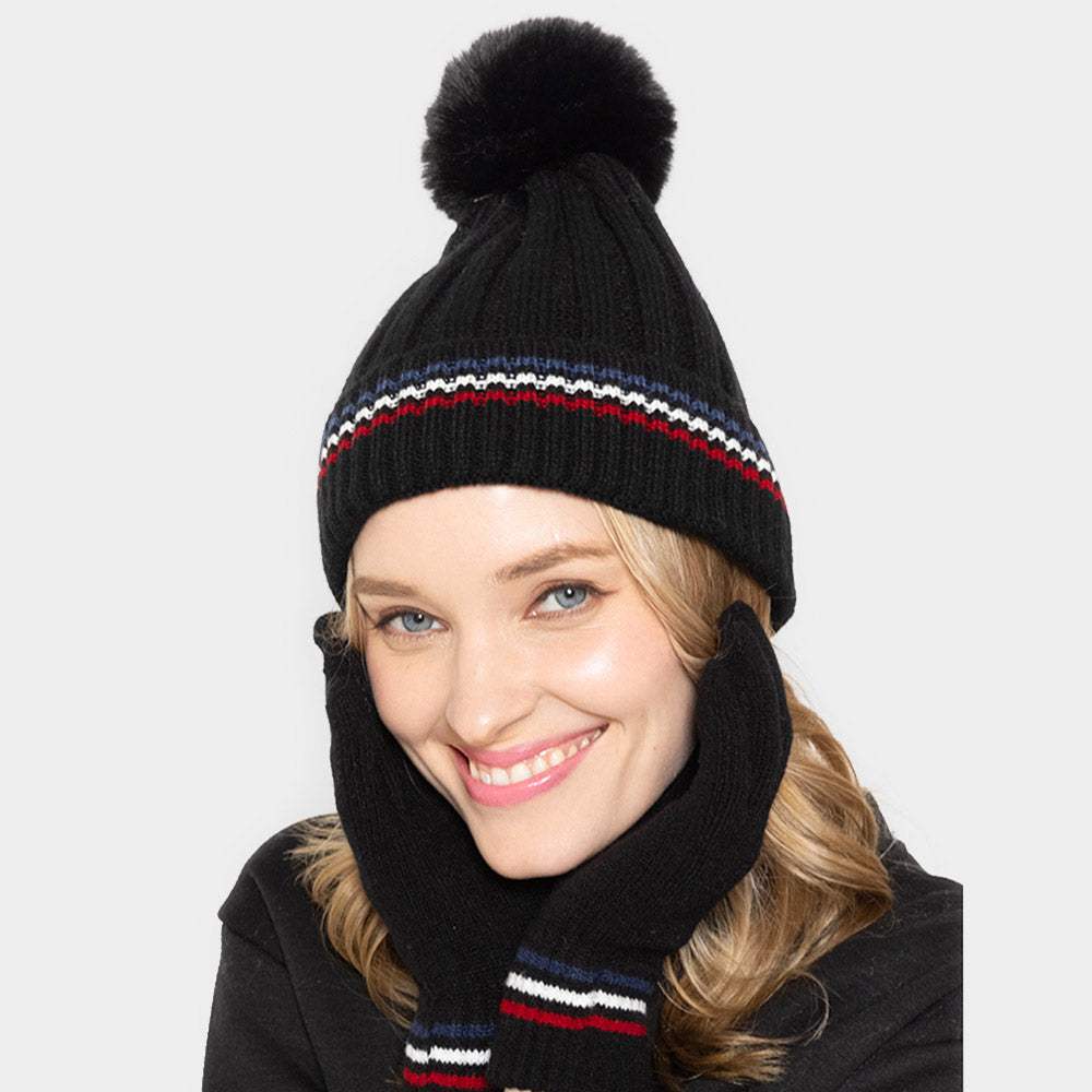 Stripe Pointed Faux Fur Pom Pom Knit Beanie Hat - Madeline Love - Flyclothing LLC