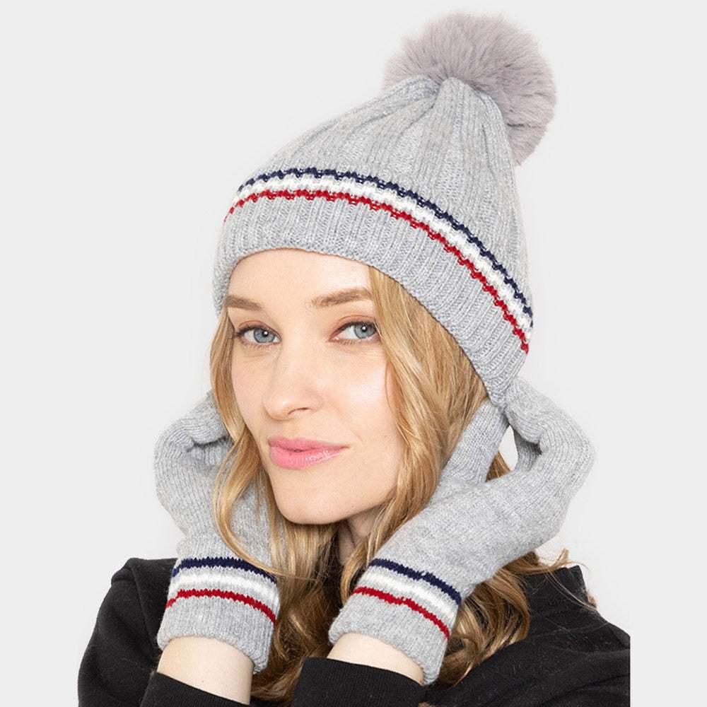 Stripe Pointed Faux Fur Pom Pom Knit Beanie Hat - Madeline Love - Flyclothing LLC