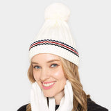 Stripe Pointed Faux Fur Pom Pom Knit Beanie Hat - Madeline Love - Flyclothing LLC