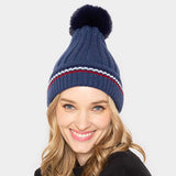 Stripe Pointed Faux Fur Pom Pom Knit Beanie Hat - Madeline Love - Flyclothing LLC