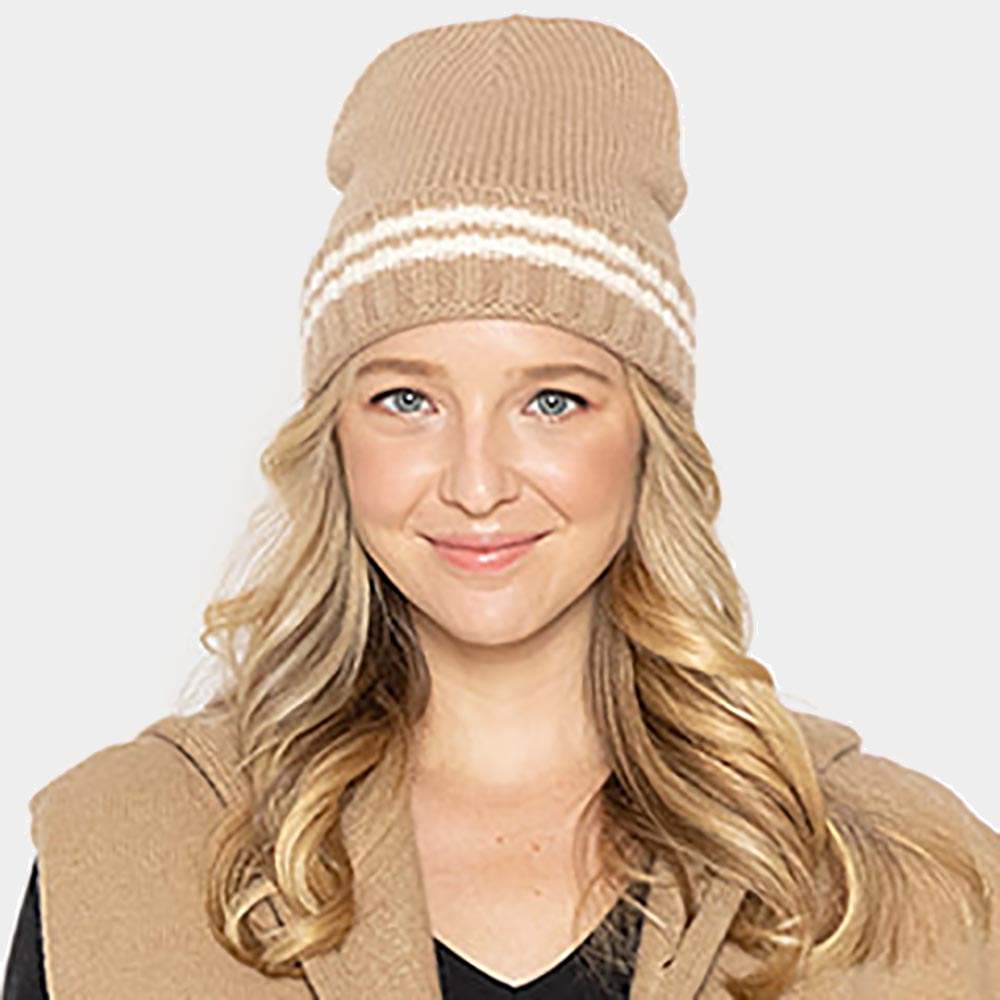 Striped Knit Cuff Beanie Hat - Madeline Love - Flyclothing LLC