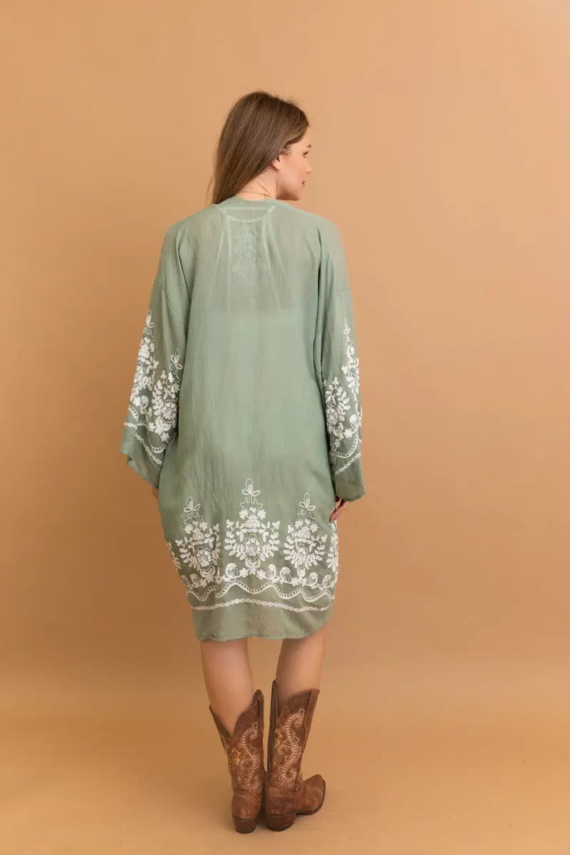 Embroidered Floral Vine Kimono – Elegant and Lightweight - Boho Clothing and Accessories - Flyclothing LLC