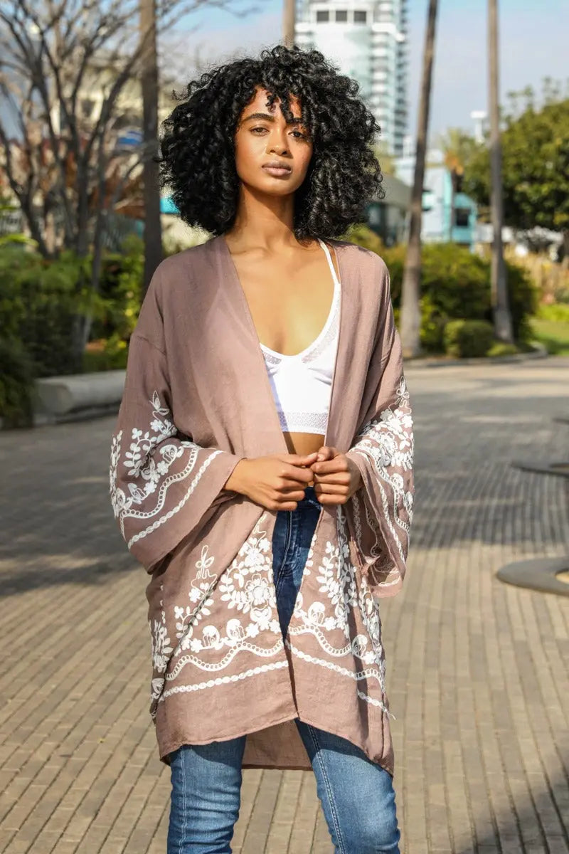 Embroidered Floral Vine Kimono – Elegant and Lightweight - Boho Clothing and Accessories - Flyclothing LLC