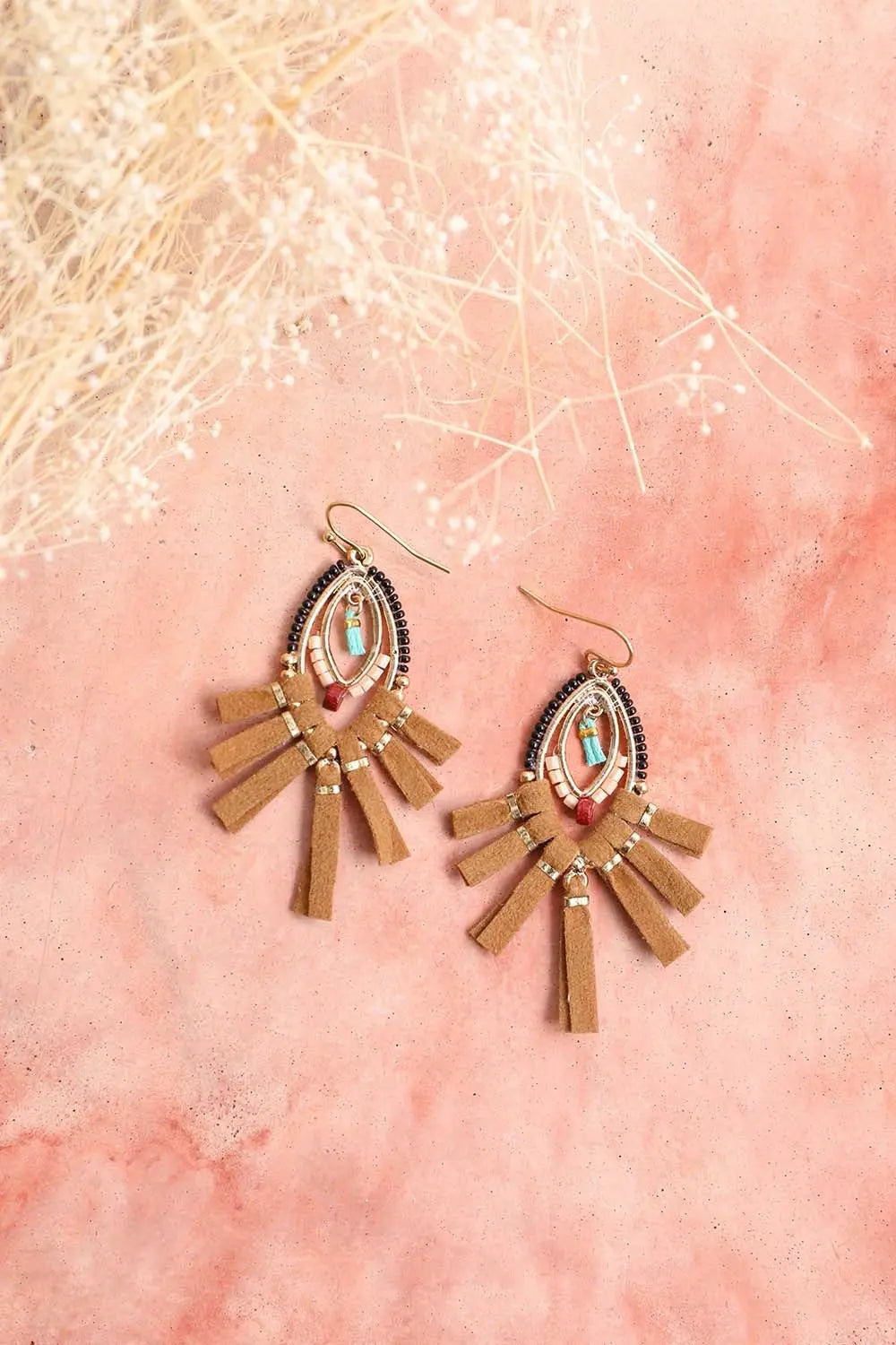 Suede Fringe Beaded Earrings - Boho Clothing and Accessories - Flyclothing LLC