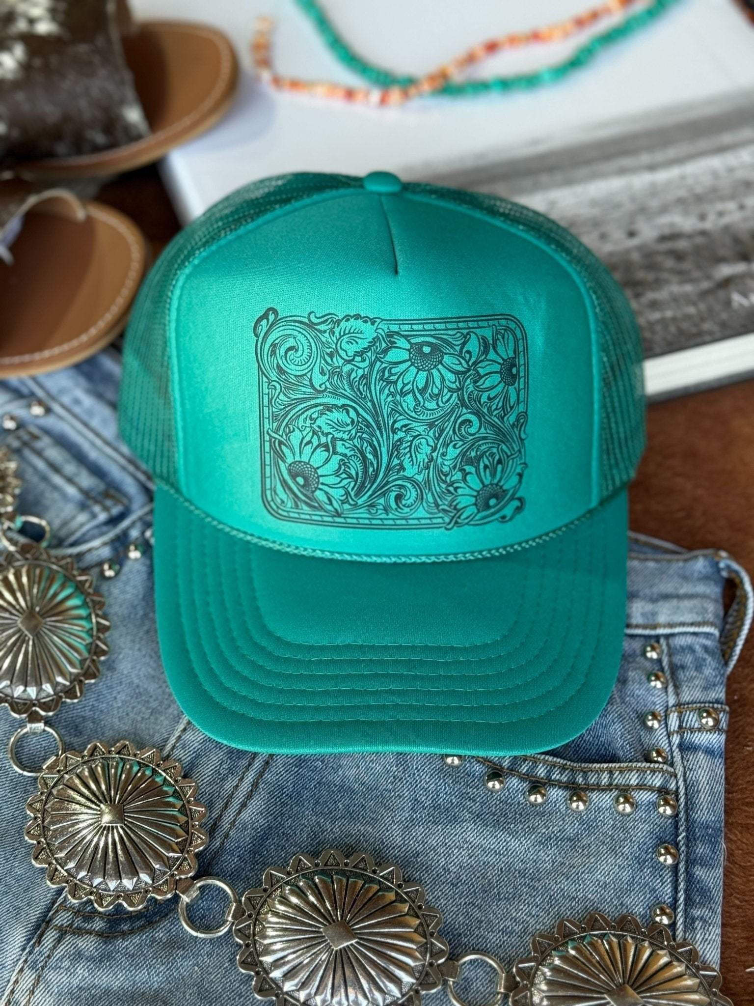 Sunflower Tooled Leather Trucker Hat - Wild Junkie - Flyclothing LLC
