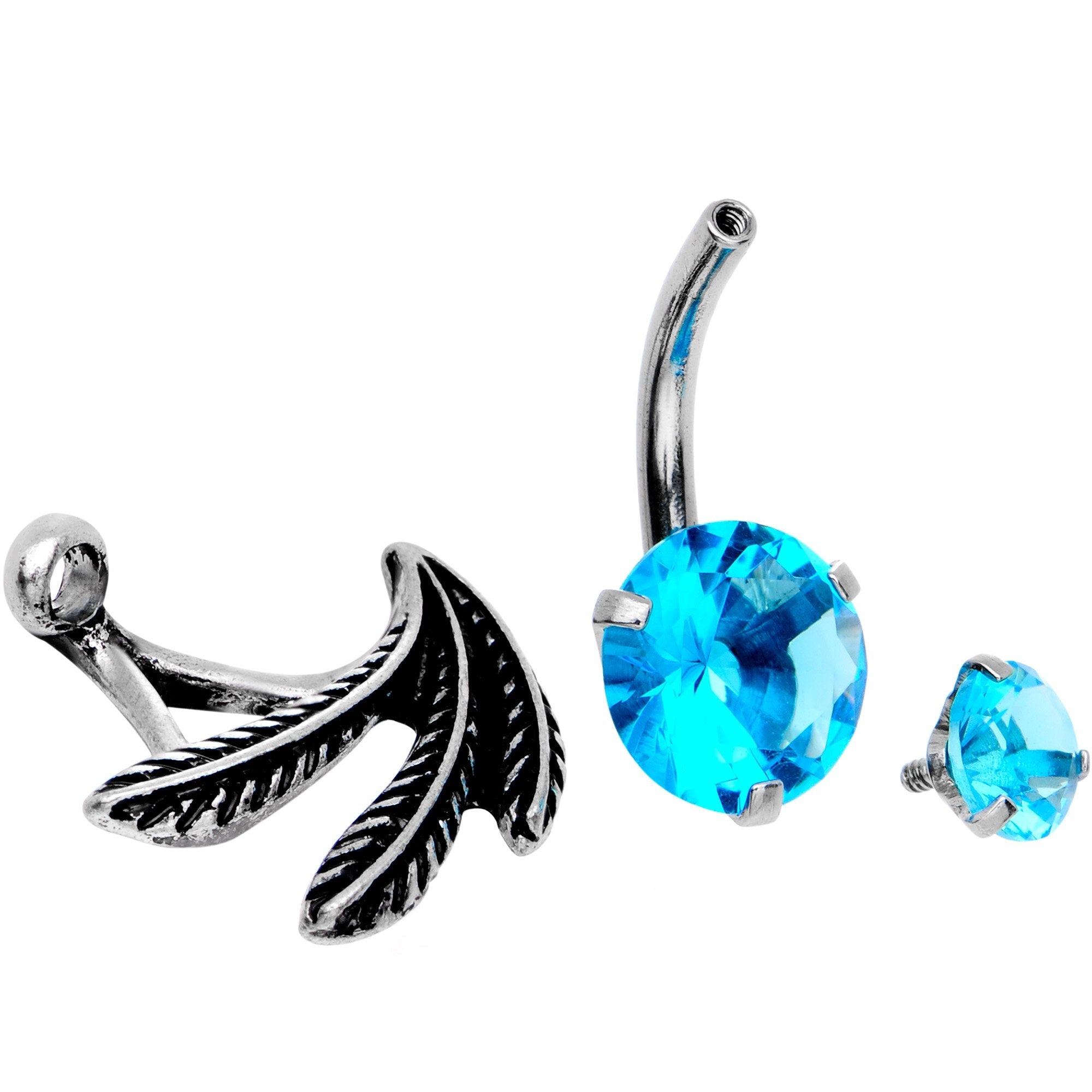 Blue CZ Gem Feather Trio Dangle Belly Ring - BodyCandy - Flyclothing LLC
