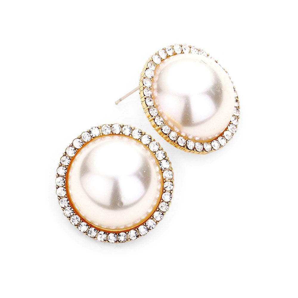 Sweet Crystal Pave Trimmed Pearl Stud Evening Earrings - Madeline Love - Flyclothing LLC