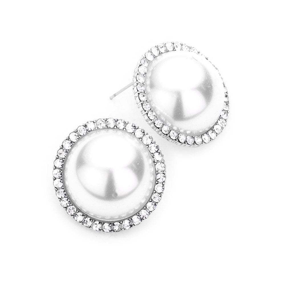 Sweet Crystal Pave Trimmed Pearl Stud Evening Earrings - Madeline Love - Flyclothing LLC