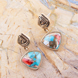 Swirled Blue Turquoise and Orange Sponge Coral Matrix Golden Post Earrings - Barse Jewelry