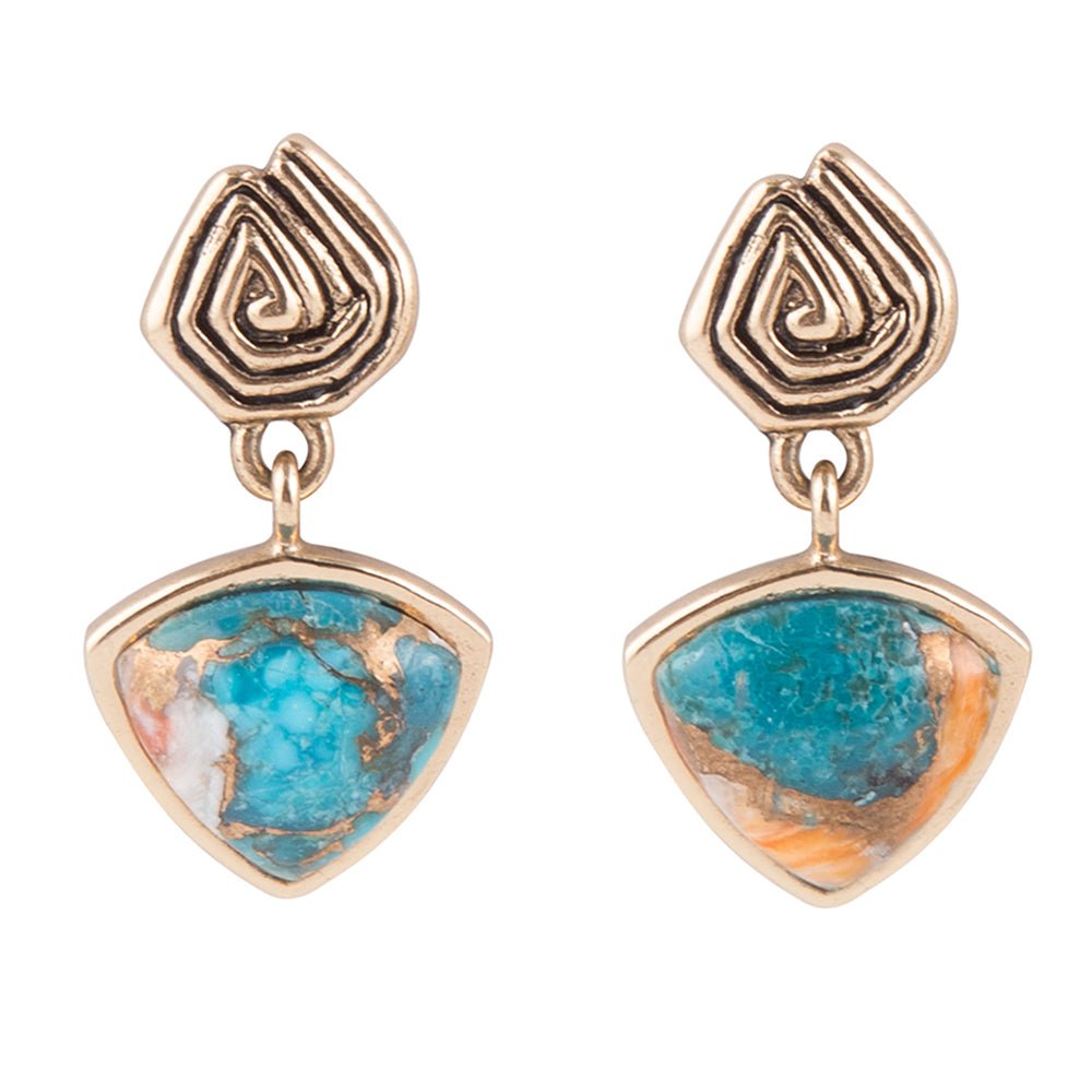 Swirled Blue Turquoise and Orange Sponge Coral Matrix Golden Post Earrings - Barse Jewelry