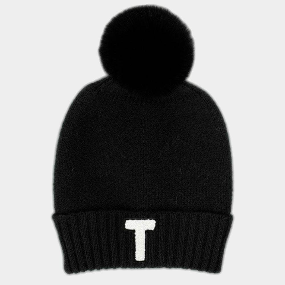 -T- Initial Monogram Faux Fur Pom Pom Knit Beanie Hat - Madeline Love - Flyclothing LLC