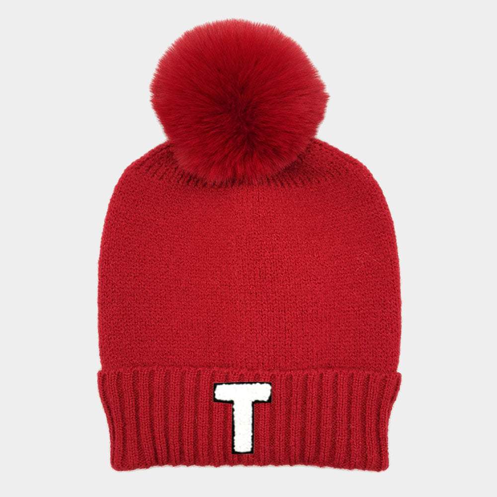 -T- Initial Monogram Faux Fur Pom Pom Knit Beanie Hat - Madeline Love - Flyclothing LLC