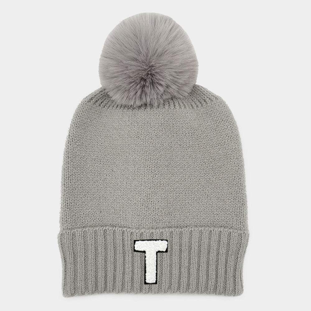 -T- Initial Monogram Faux Fur Pom Pom Knit Beanie Hat - Madeline Love - Flyclothing LLC
