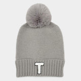 -T- Initial Monogram Faux Fur Pom Pom Knit Beanie Hat - Madeline Love - Flyclothing LLC