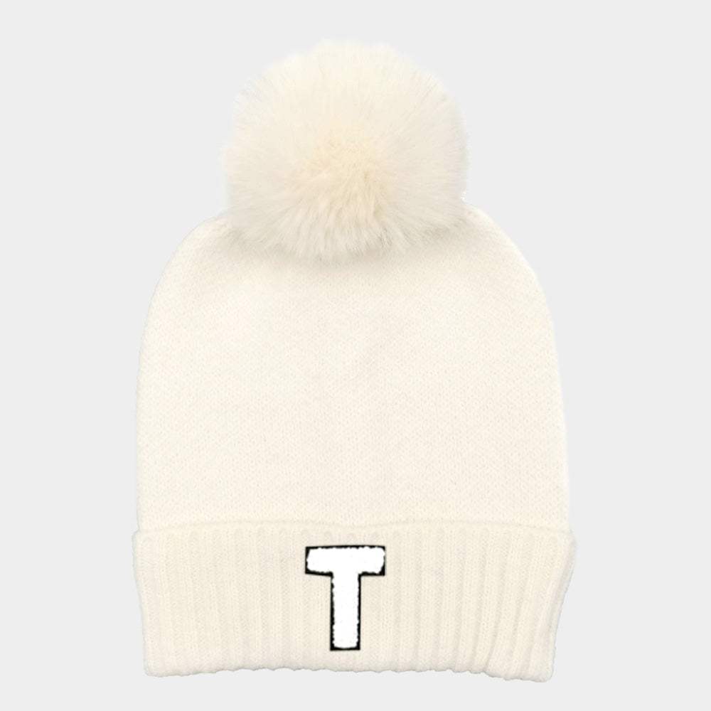 -T- Initial Monogram Faux Fur Pom Pom Knit Beanie Hat - Madeline Love - Flyclothing LLC