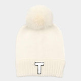 -T- Initial Monogram Faux Fur Pom Pom Knit Beanie Hat - Madeline Love - Flyclothing LLC